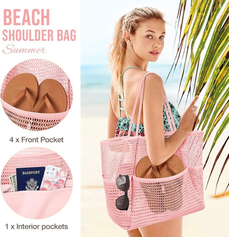 KPX Beach Bag with Mini Pocket, Beach Tote Bags for Women Large Foldable Mesh Swimming Pool Travel Bags - Sandproof - Image 4